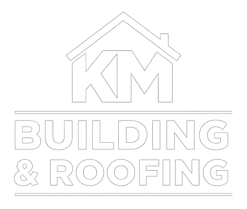 km building roofing logo white